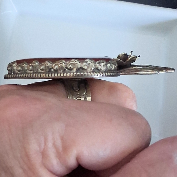 RED AGATE SACRED HEART STATEMENT RING TIBETAN SILVER ADJUSTABLE 8-11 - Picture 6 of 8